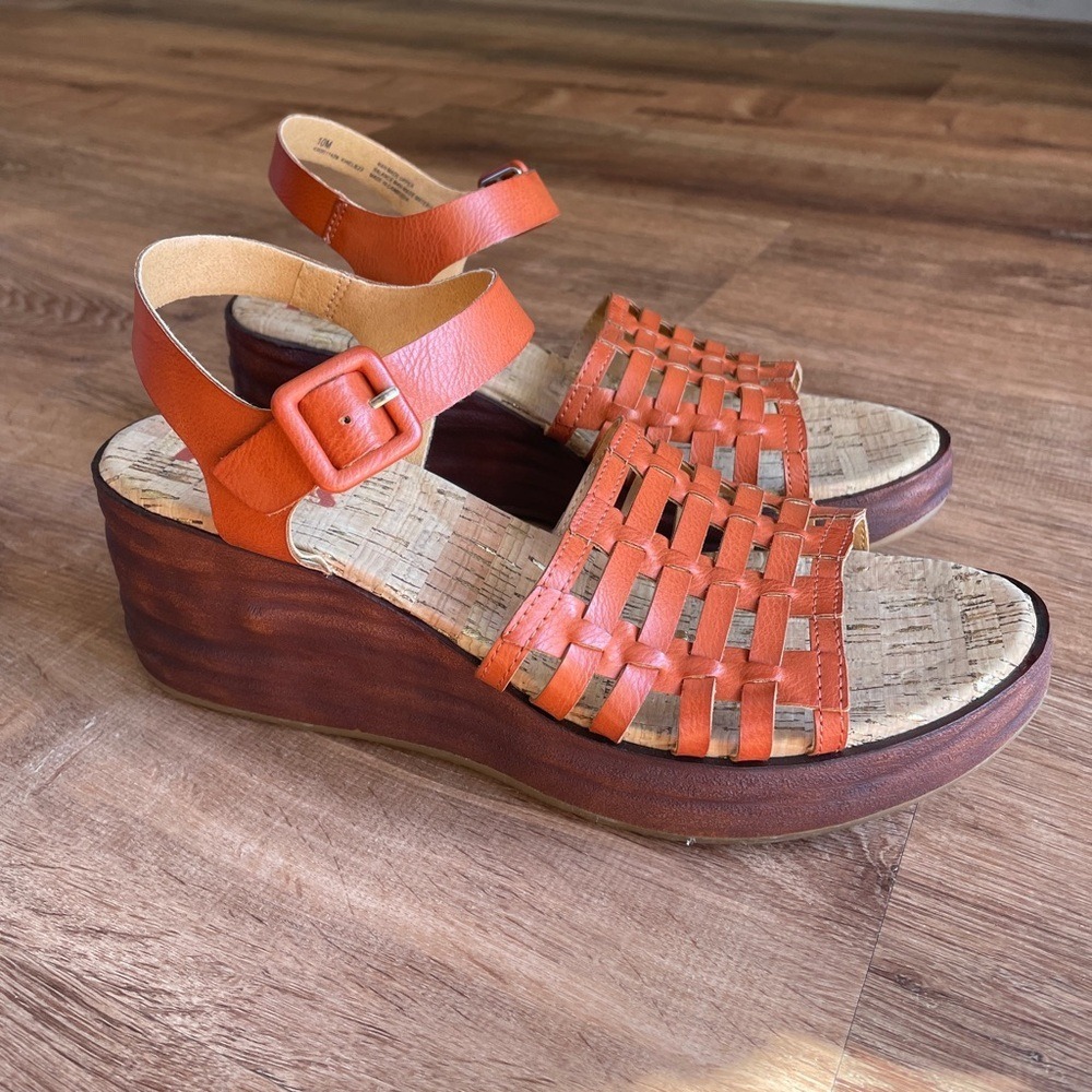 Korks Wedge Sandals Open Peep Toe Womens 10 Brown Ankle Strap Comfort